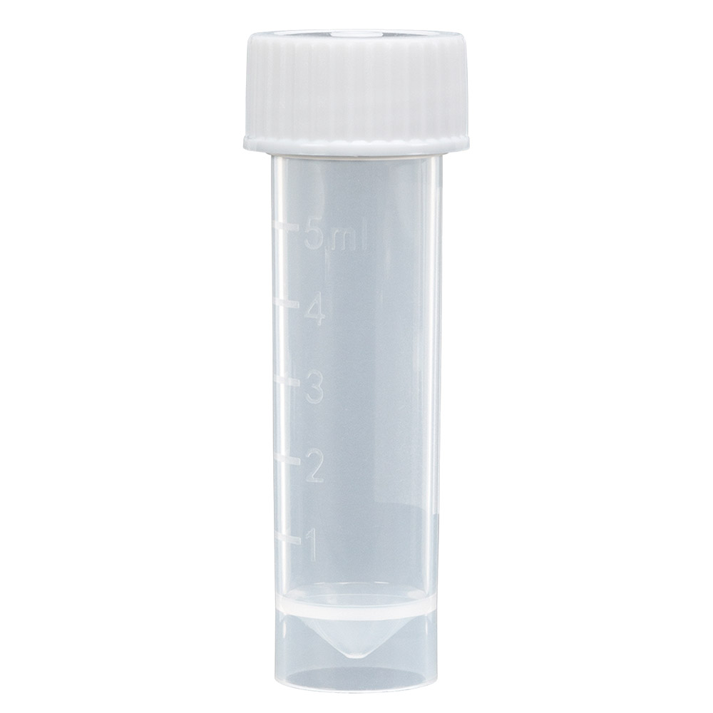 Globe Scientific Transport Tube, 5mL, with Attached White Screw Cap, PP, Conical Bottom, Self-Standing, Molded Graduations Storage Tubes; Transport Tubes; Specimen Tubes; Self standing tube